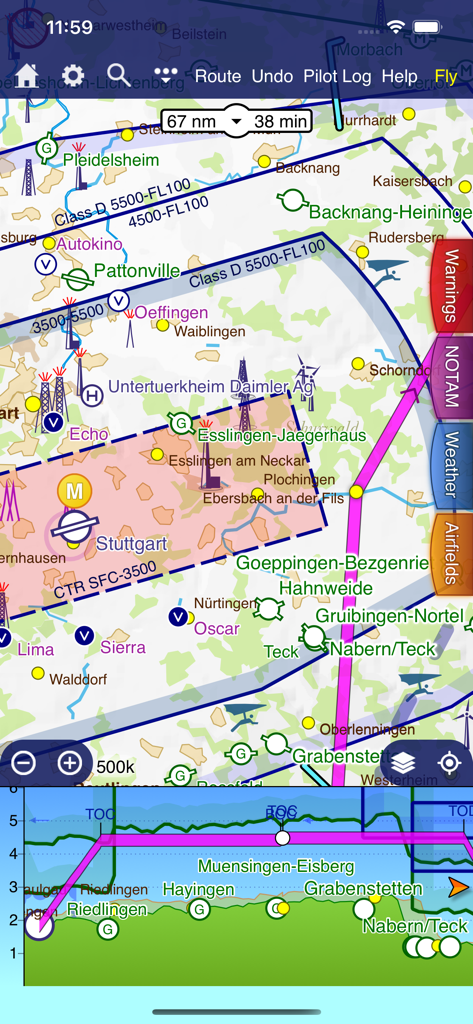 SkyDemon - SkyDemon flight planning interface featuring a vector map and virtual radar side-on projection