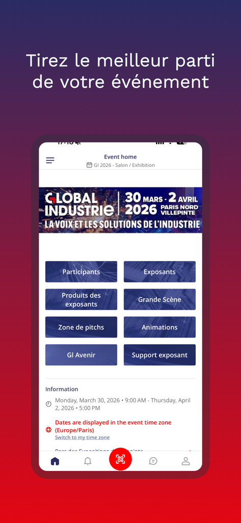 Écran d'accueil de l'application mobile myGI montrant le tableau de bord de l'événement Global Industrie et les boutons de navigation
