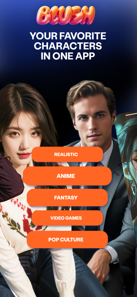 Blush AI dating simulator showing different character categories like Realistic and Anime