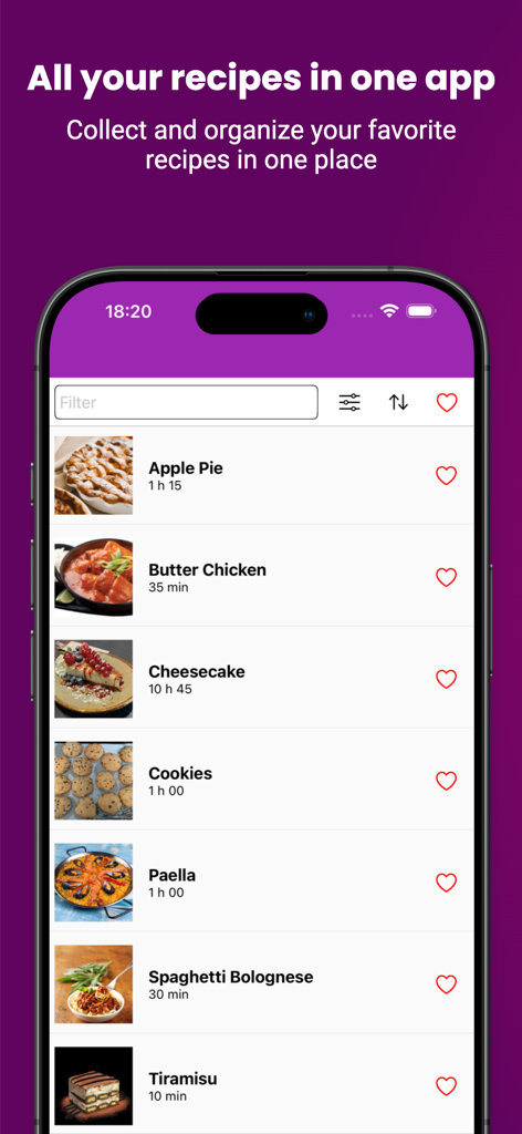 Smartphone screen showing a list of organized recipes with images and cooking times in the My Recipe Box app