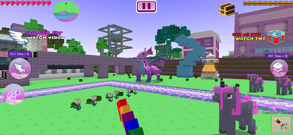 Kawaii Planet Craft - Jugabilidad de Kawaii Planet Craft con un dragón morado y una espada de arcoíris en un mundo voxel colorido.