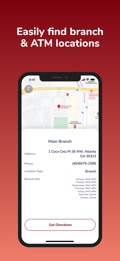 Coca-Cola CU mobile app screen showing branch and ATM location finder with map and business hours for the Atlanta branch.