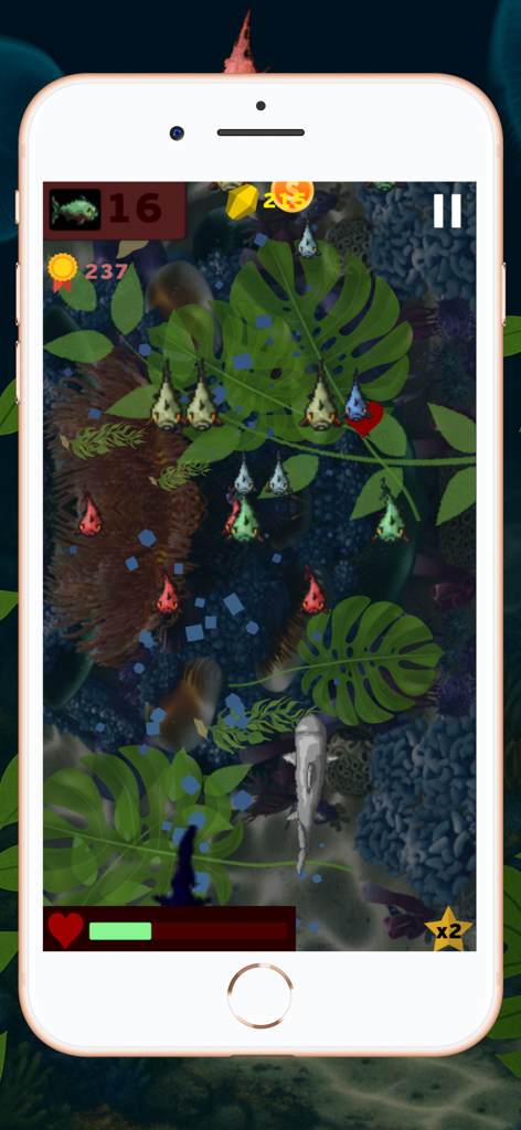 Shark World mobile game screenshot showing a shark swimming through underwater plants and colorful fish