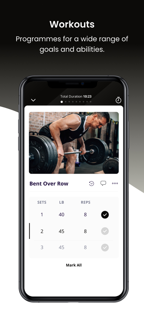 SW7 Academy - SW7 Academy mobile app screen showing a bent over row exercise with a tracking table for sets and reps