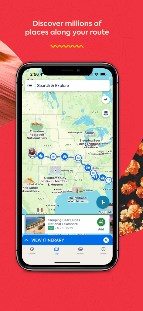 Smartphone showing the Roadtrippers app interface with a planned road trip route across the USA