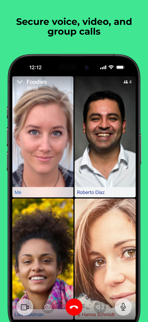 Interface of the Threema app showing a secure group video call with four participants.