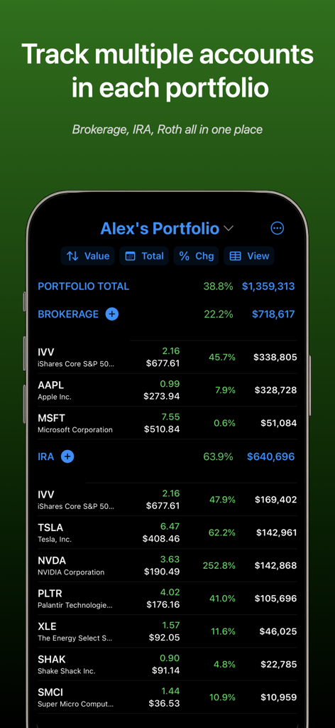 My Pocket Portfolio - A screenshot of the My Pocket Portfolio app displaying a consolidated view of brokerage and IRA investment accounts with stock performance metrics.