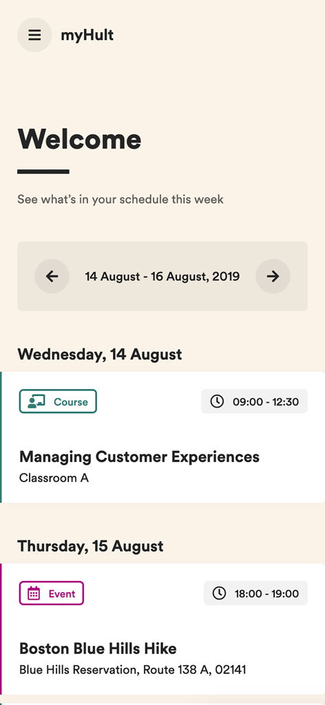 myHult - myHult mobile app interface displaying a student weekly schedule with courses and events