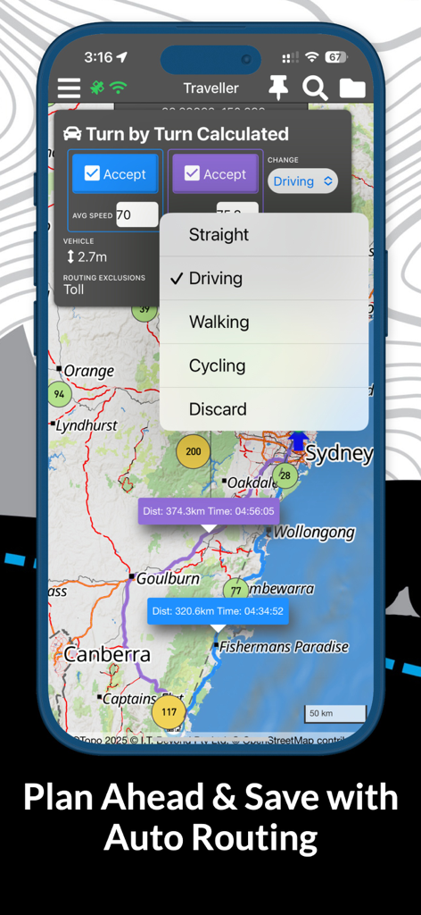 ExplorOz Traveller - ExplorOz Traveller app screen showing auto routing calculations and travel mode options on a detailed Australian map
