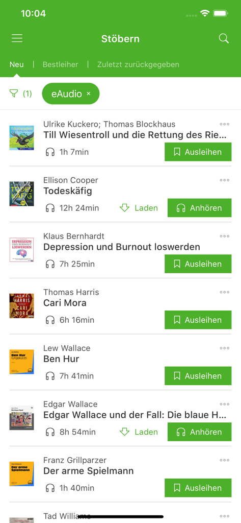 Screenshot of the Onleihe app browsing screen showing a list of available German audiobooks for borrowing and downloading.