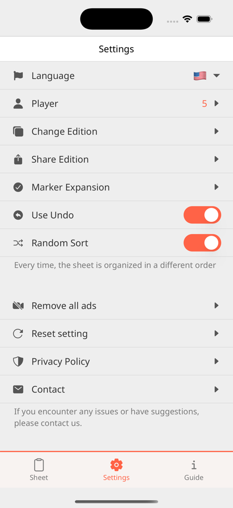 Detective Notes - Settings screen of the Detective Notes app showing player count and game customization options