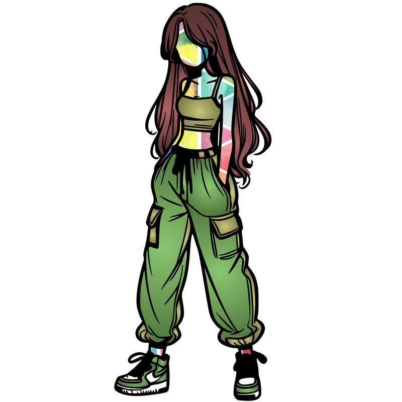 girl in baggy pants crop top and long hair
