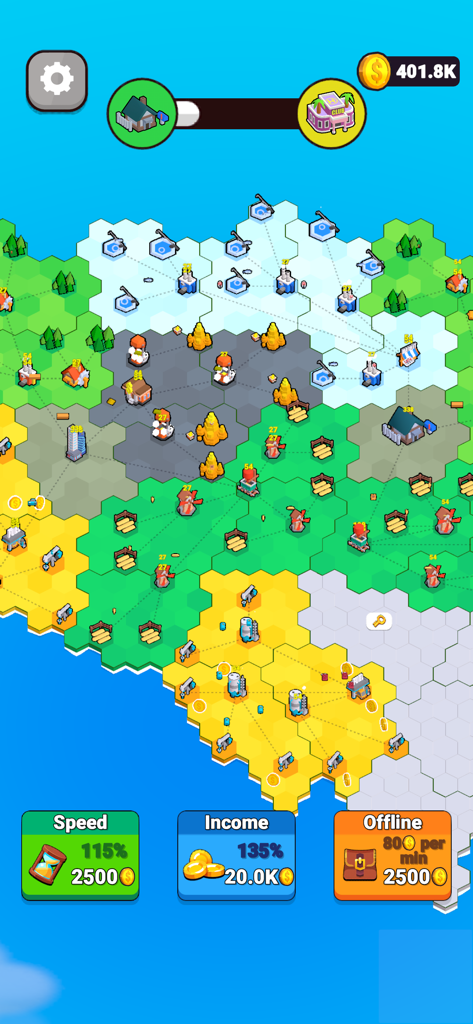 Factory World - Factory Worldのカラフルな六角形のマップ、さまざまな地形にわたる工業用工場と生産ラインを示しています