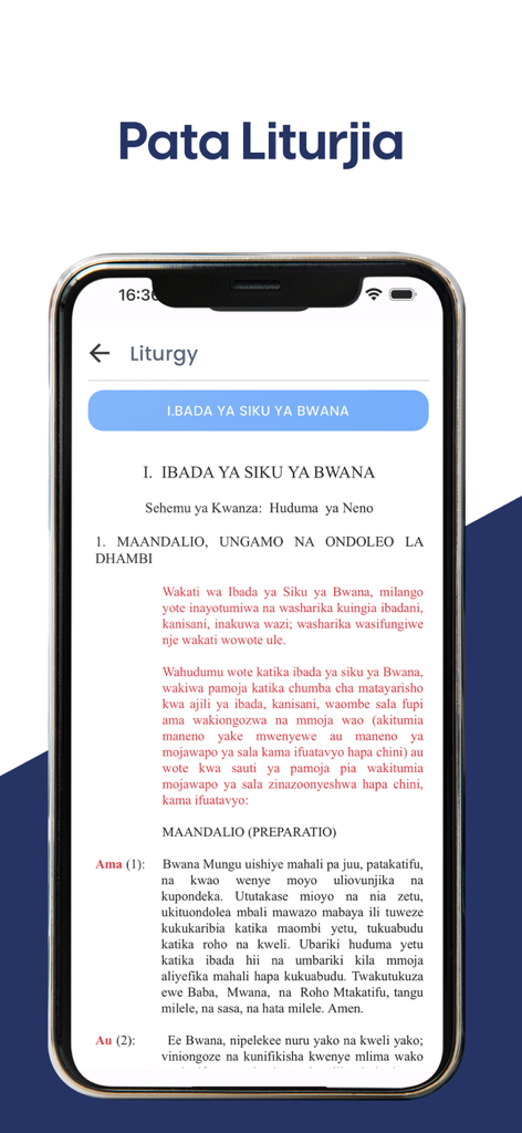 KKKT Maandiko - Smartphone screen displaying Swahili Lutheran liturgy from the KKKT Maandiko app