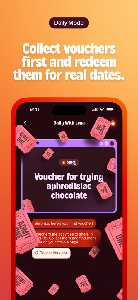 Cray Cray - Couple Game - A mobile screen showing the Cray Cray app voucher system where couples can collect digital tickets to redeem for real life date activities