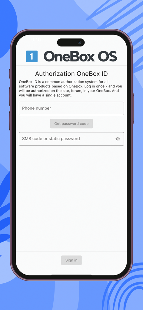 OneBox OS - OneBox OS mobile app authorization screen with phone number and password login fields