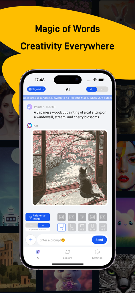 AI Art Generator Image - A mobile app interface displaying an AI-generated woodcut painting of a cat based on a text prompt.