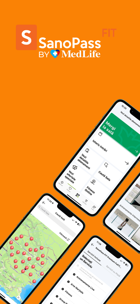 SanoPass mobile app interface showing gym location map and health service menus