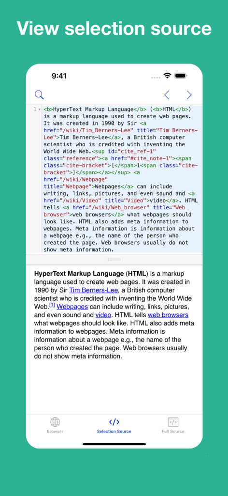 View Selection Source - Interfaz de la aplicación Ver Código Fuente Seleccionado que muestra código HTML y su vista previa visual en un iPhone