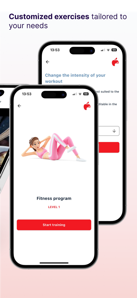 DietOne - DietOne app screen showing customized fitness training programs and workout intensity settings.