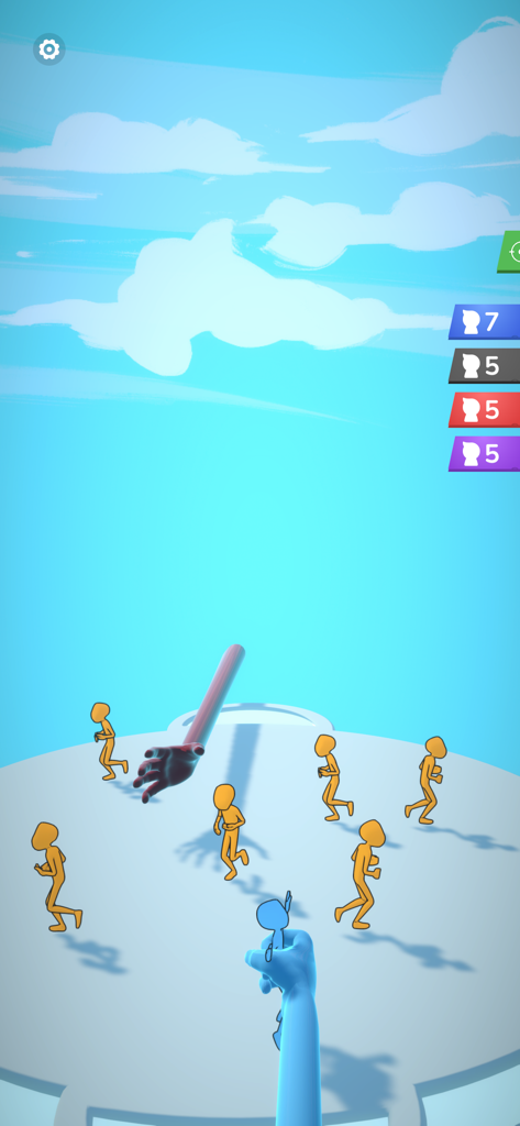 Grab and Throw - First person view of a giant hand grabbing a character in Grab and Throw mobile game