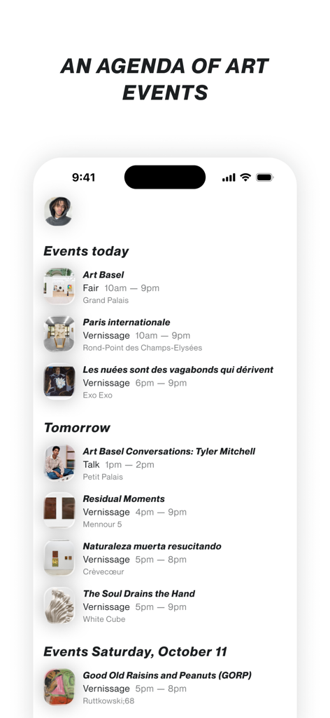 CUR8 — Art shows around you - A mobile app screen showing a chronological agenda of art exhibitions and gallery events with times and locations.