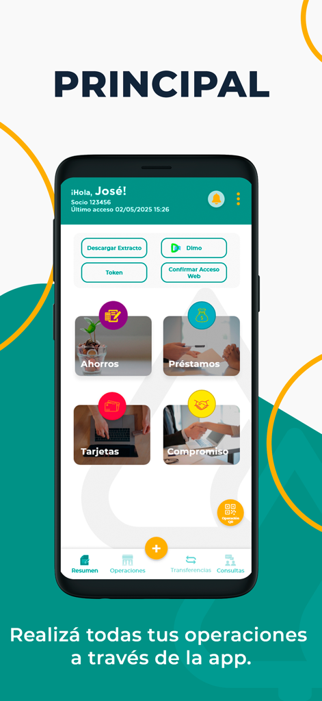 universitaria - Panel principal de la aplicación bancaria móvil Universitaria mostrando opciones de préstamos, ahorros y tarjetas