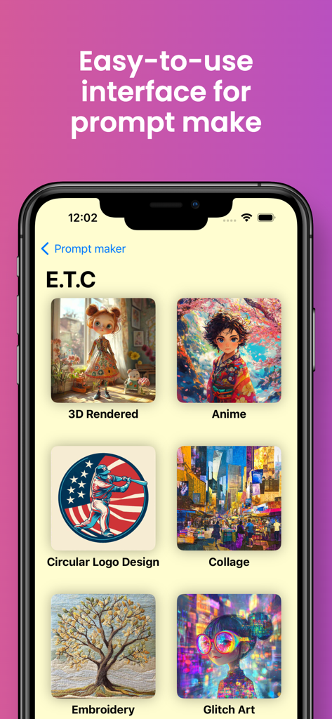 Captura de pantalla de la interfaz de la aplicación que muestra varias plantillas de estilo de arte de IA, incluyendo Anime y Renderizado 3D