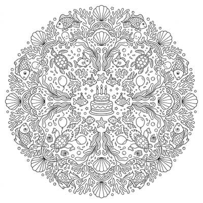 Dive into a joyous underwater celebration with this enchanting Ocean Birthday Mandala coloring page. It beautifully blends intricate marine life with festive party elements for a truly unique artistic experience.