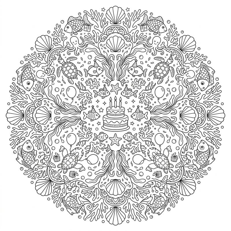 Dive into a joyous underwater celebration with this enchanting Ocean Birthday Mandala coloring page. It beautifully blends intricate marine life with festive party elements for a truly unique artistic experience.
