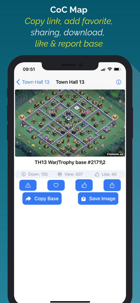 Maps for Clash Of Clans - A Town Hall 13 War and Trophy base layout design within the Maps for Clash Of Clans mobile app featuring a Copy Base button