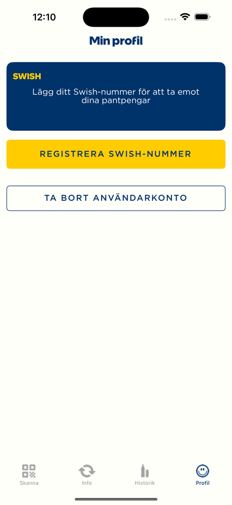 Pantamera - User profile screen of the Pantamera app showing options to register a Swish number for recycling payouts.