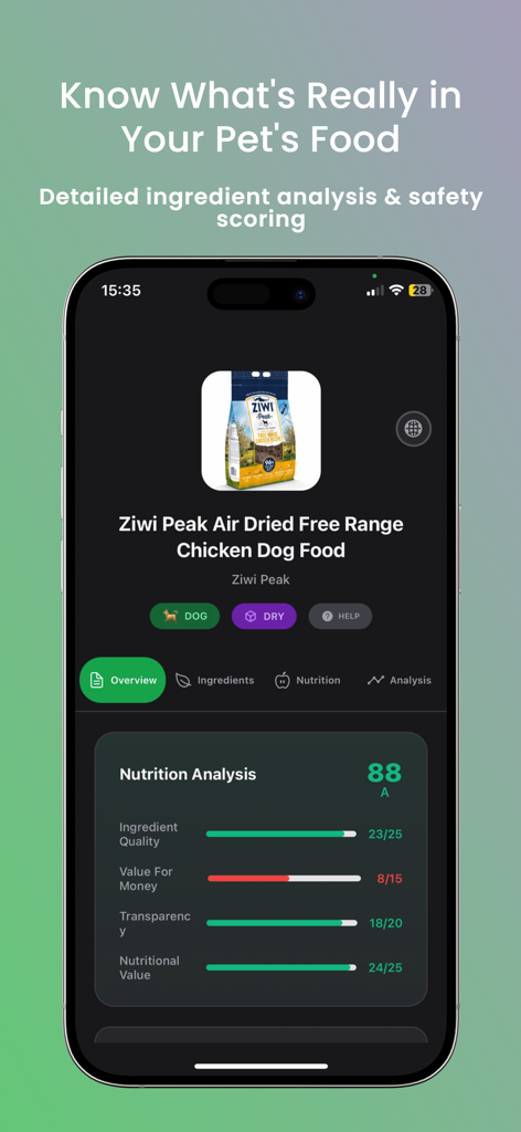 Pawdi - Pet Food Scanner - Análise nutricional detalhada e pontuação de segurança de ingredientes para ração de cachorro no aplicativo Pawdi