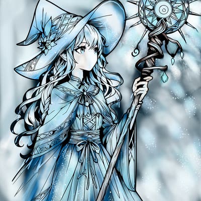 a realistic fantasy manga witch with a staff