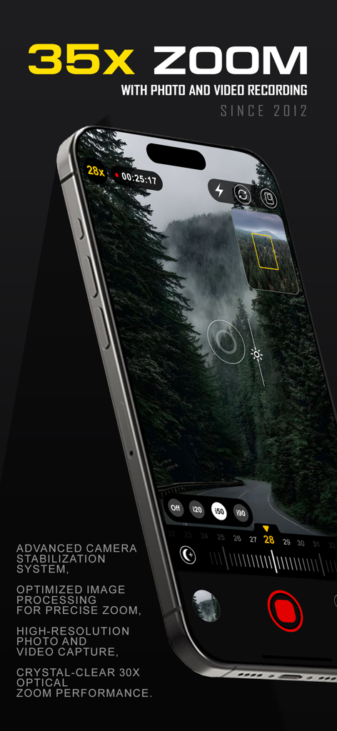 30x Zoom Digital Video Camera - Interface of the 30x Zoom Digital Video Camera app showing a 35x zoom feature on an iPhone with a forest background