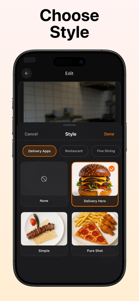 Interface of FoodShot AI app showing food photo style options like Delivery Hero and Pure Shot