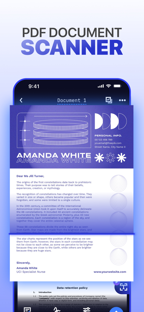 A smartphone interface displaying a document being scanned by a mobile PDF scanner app.