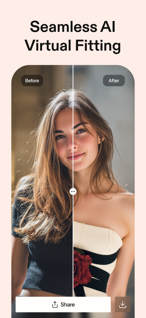 MyShell Al・AI Photo & Video - Una comparación de antes y después de la función de ajuste virtual de MyShell AI que muestra una transformación de vestimenta en una mujer.