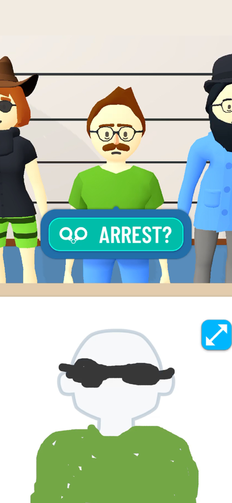 A police lineup with three suspects and a sketch interface to identify the criminal