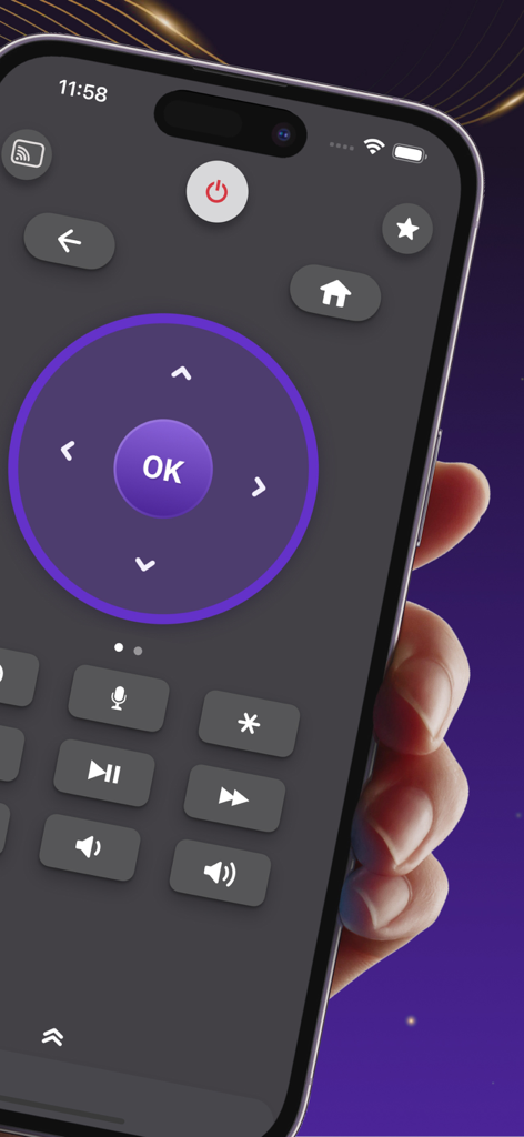 Remote for Roku TV App - Uma mão segurando um smartphone mostrando a interface digital do aplicativo Controle Remoto para TV Roku com controles de reprodução e navegação