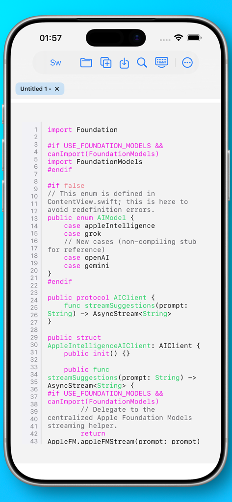 Neon Vision Editor - La aplicación móvil Neon Vision Editor muestra código Swift con resaltado de sintaxis en una pantalla de iPhone