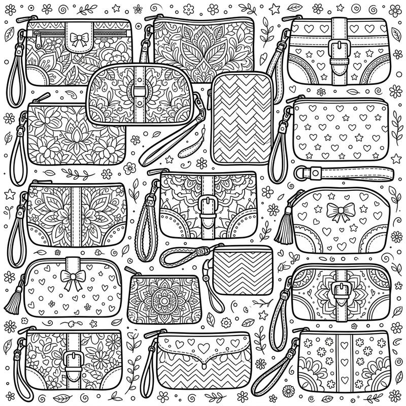 Unleash your child's creativity with this charming coloring page featuring a delightful assortment of wristlet bags. Each bag boasts unique patterns, offering endless possibilities for colorful expression.