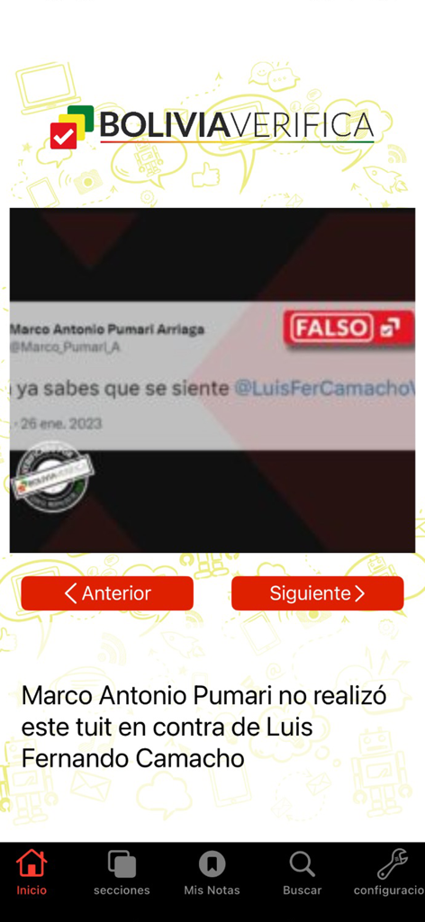 Bolivia Verifica - Interfaz de la aplicación Bolivia Verifica mostrando un tuit falso desacreditado etiquetado como falso.