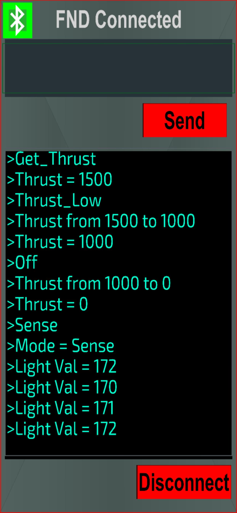 Arduino Bluetooth Pro app interface displaying terminal data for thrust and light sensors