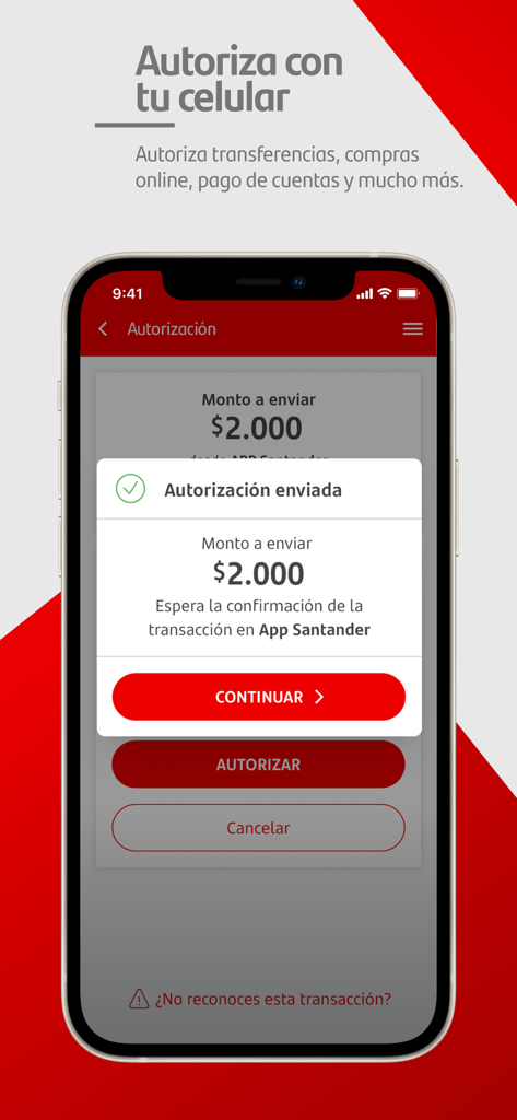 Pantalla de la aplicación Santander PASS cl mostrando una autorización de transacción exitosa por 2000 pesos en un teléfono móvil.