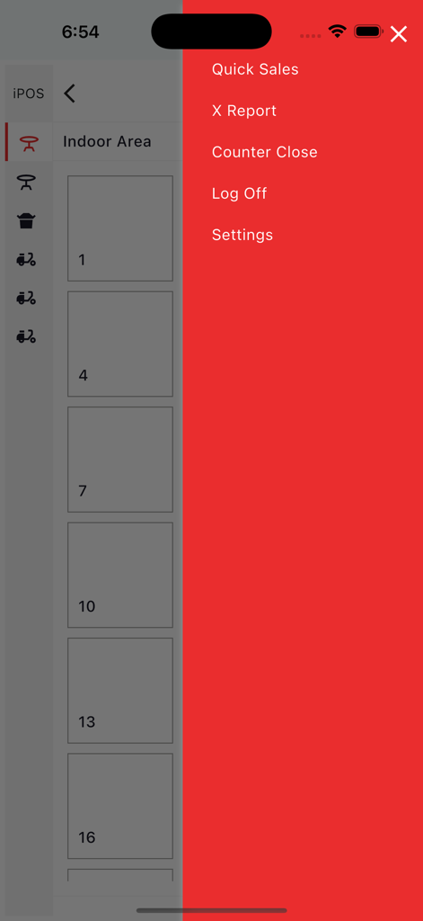 Side menu interface of iPOS Restaurant POS app showing management options over a table layout.