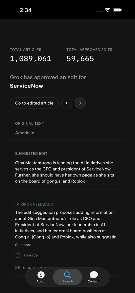 Groki Powered by Grokipedia - Interfaz de la aplicación Groki que muestra artículos totales y comentarios de IA sobre las ediciones de información sugeridas.