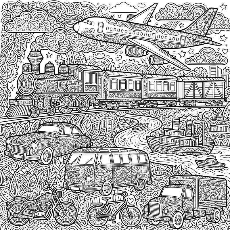 Explore a world of transportation with this stunning adult coloring page, featuring highly detailed vehicles adorned with intricate patterns. Perfect for unwinding, this design offers a delightful challenge for experienced colorists seeking stress relief.