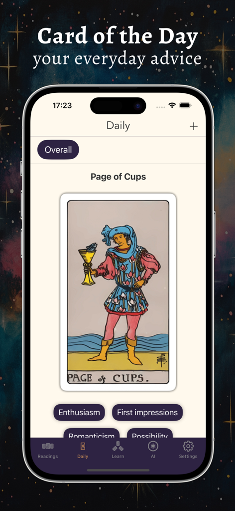 Tarot & Runes: Daily Readings - Captura de pantalla de la aplicación Tarot y Runes mostrando la función Carta del Día con la carta El Paje de Copas y consejos diarios