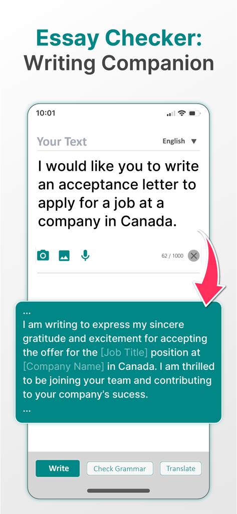 Interface de l'application Fixy montrant le compagnon d'écriture IA générant une lettre d'acceptation d'emploi professionnelle